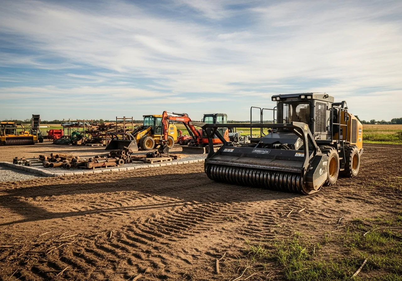 Forestry mulching equipment and land clearing machinery positioned on cleared property, ready for service.