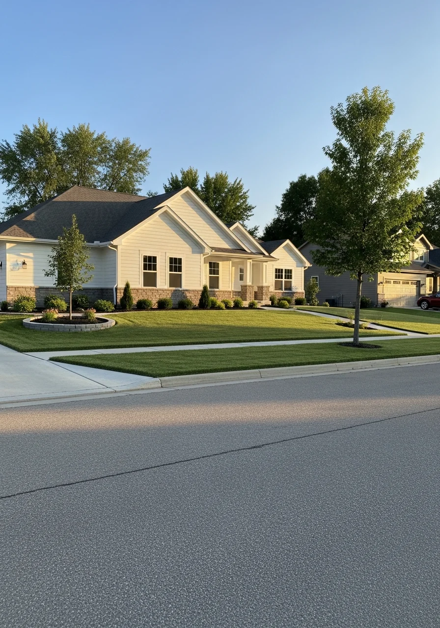 Elkhorn home exterior with contemporary design and well-landscaped front yard.