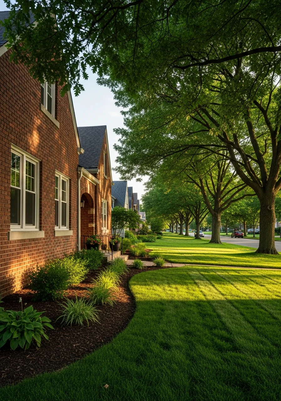Close-up of Omaha residential street with mature trees, brick home, and manicured lawn.