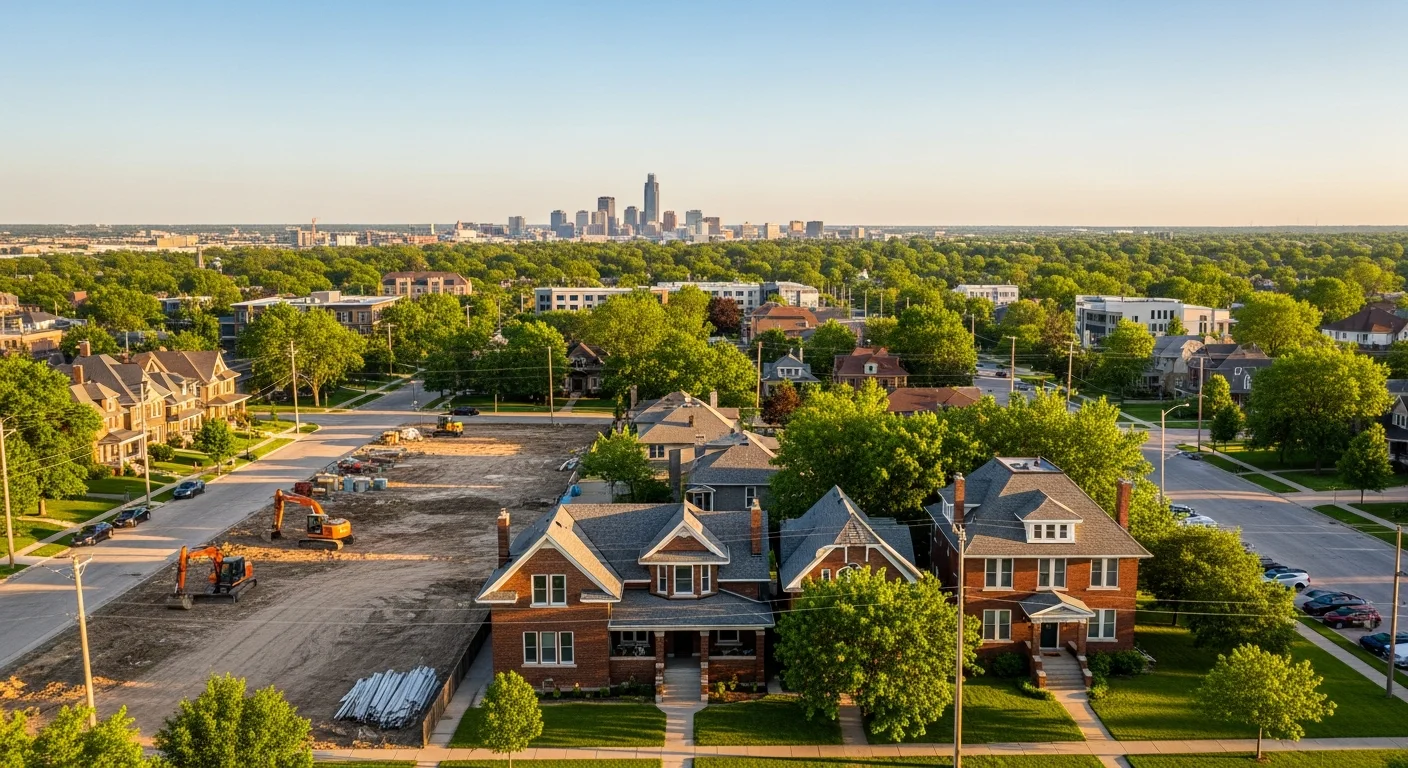 Omaha skyline with residential neighborhoods in foreground, showing mix of older brick homes and newer suburban properties.