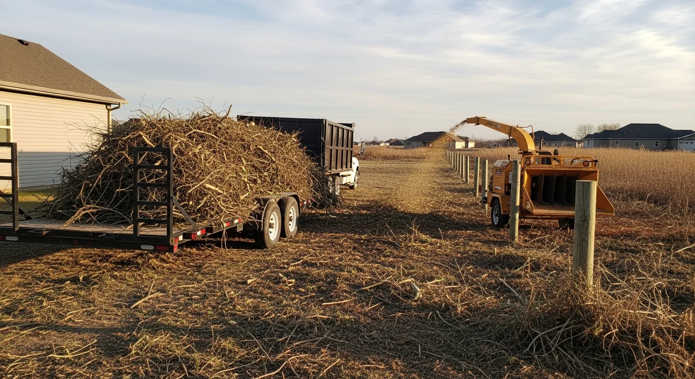 A cleared residential property in Omaha, Nebraska showing a clean, open yard after professional brush removal with no remaining undergrowth or woody debris along the fence line. Drumheller Land Management crew equipment is visible at the edge of the cleared area.