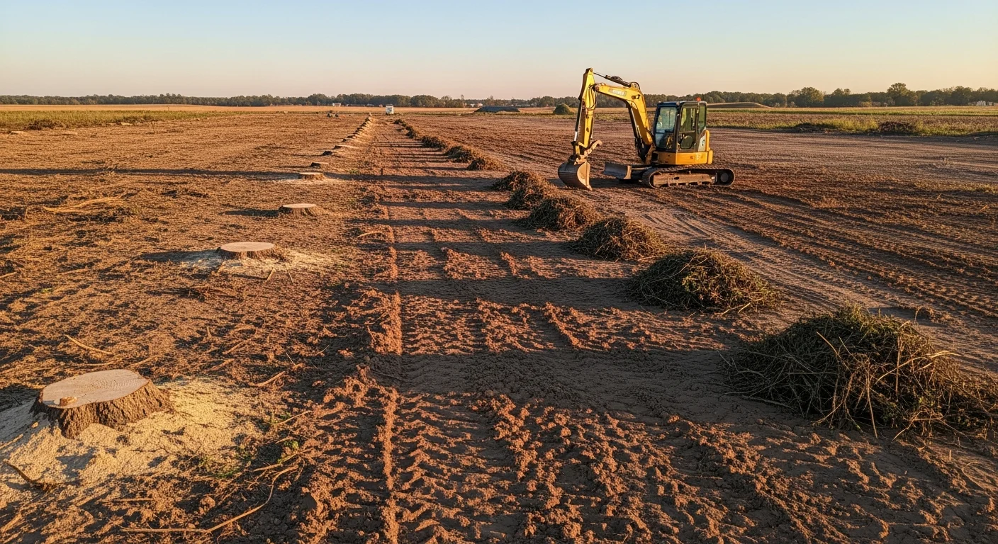A commercial land parcel in Omaha, Nebraska after professional clearing, showing bare graded soil with tree stumps and brush fully removed. Heavy equipment tracks are visible across the flat site, indicating recent clearing work on a development-ready lot.