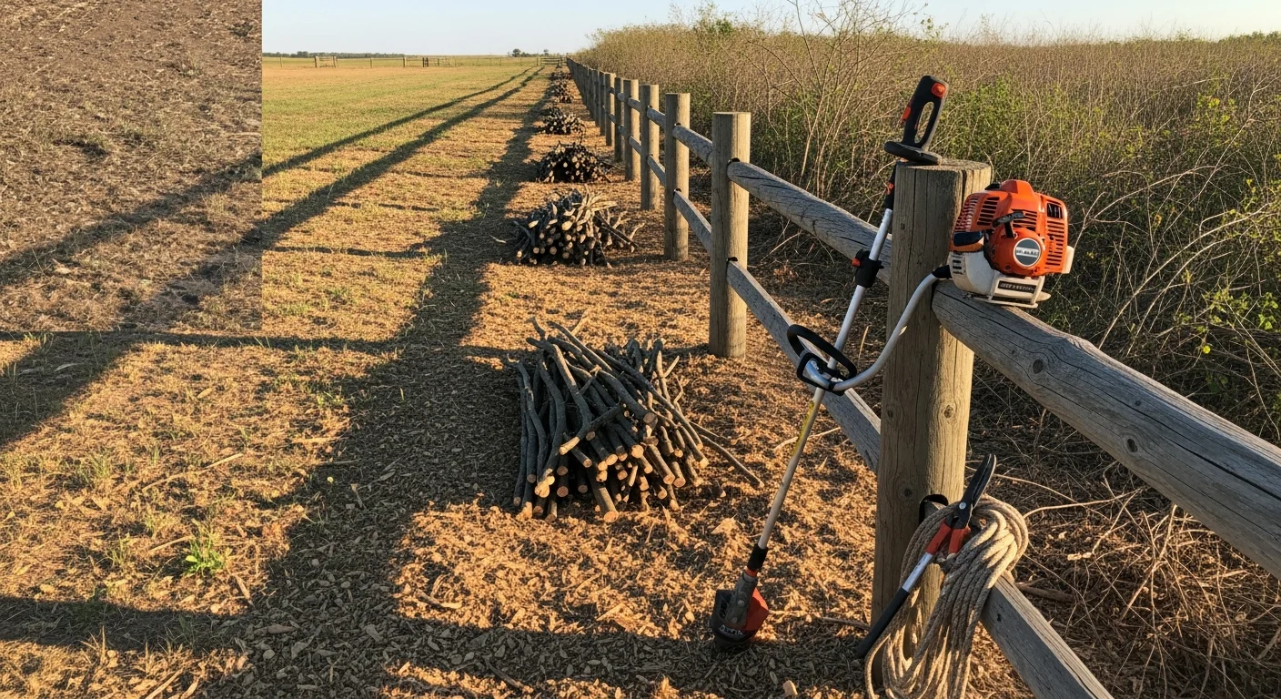 A cleared fence line on an Omaha, Nebraska property showing a clean corridor of bare ground along a wood post fence, with cut brush and removed saplings no longer pressing against the fence panels. The boundary line is fully visible and accessible after professional fence line clearing by Drumheller Land Management.