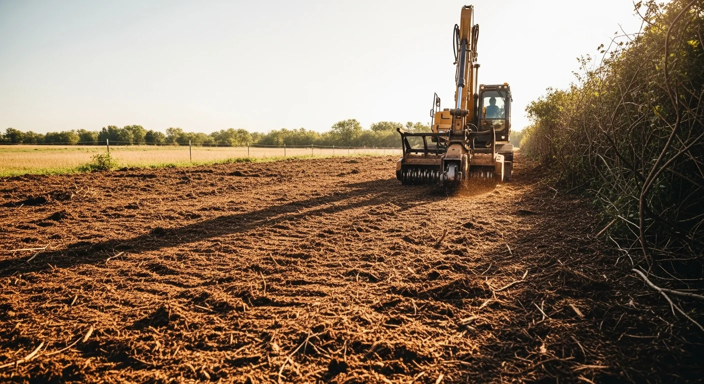 A forestry mulching machine clearing dense brush and small trees on an Omaha, Nebraska acreage property, leaving a layer of shredded mulch across the cleared ground. The surrounding tree line and open sky of the Nebraska landscape are visible in the background.