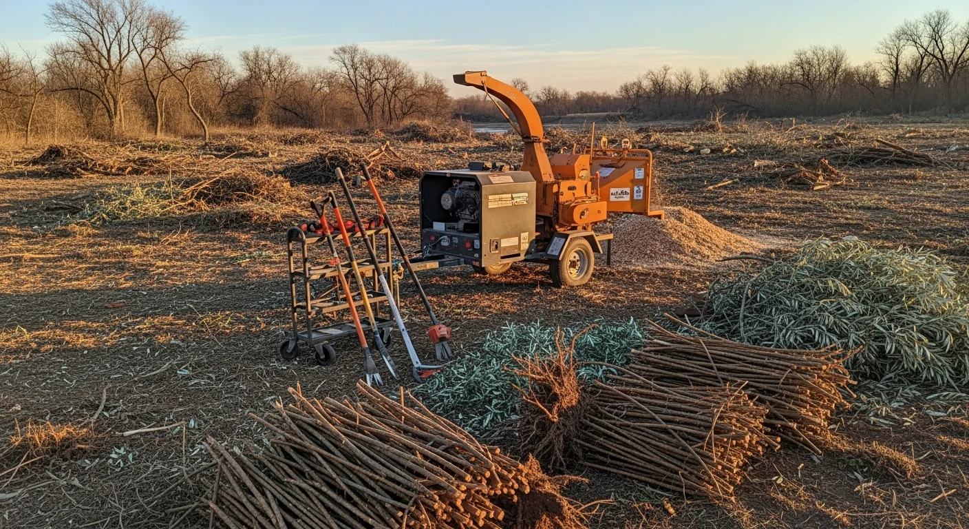 A cleared Omaha property lot showing removed invasive shrubs and brush piled for disposal, with open ground visible where dense non-native vegetation previously grew. A land management crew works along a fence line, cutting back invasive woody plants on a Nebraska residential parcel.