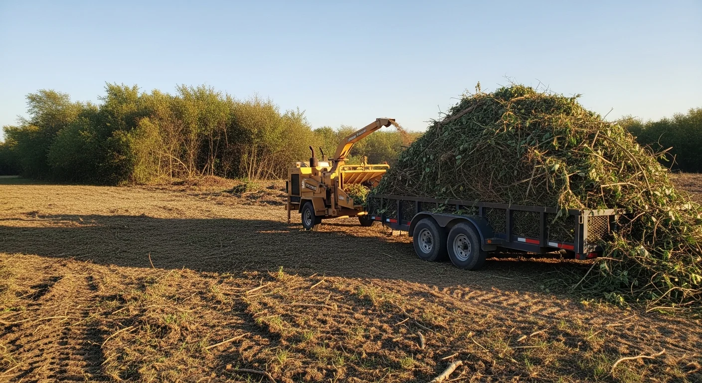 A cleared residential lot in Omaha, Nebraska showing cut brush piles staged for removal and open ground where dense overgrowth previously covered the property. A Drumheller Land Management crew works along the property boundary removing remaining woody vegetation and debris.