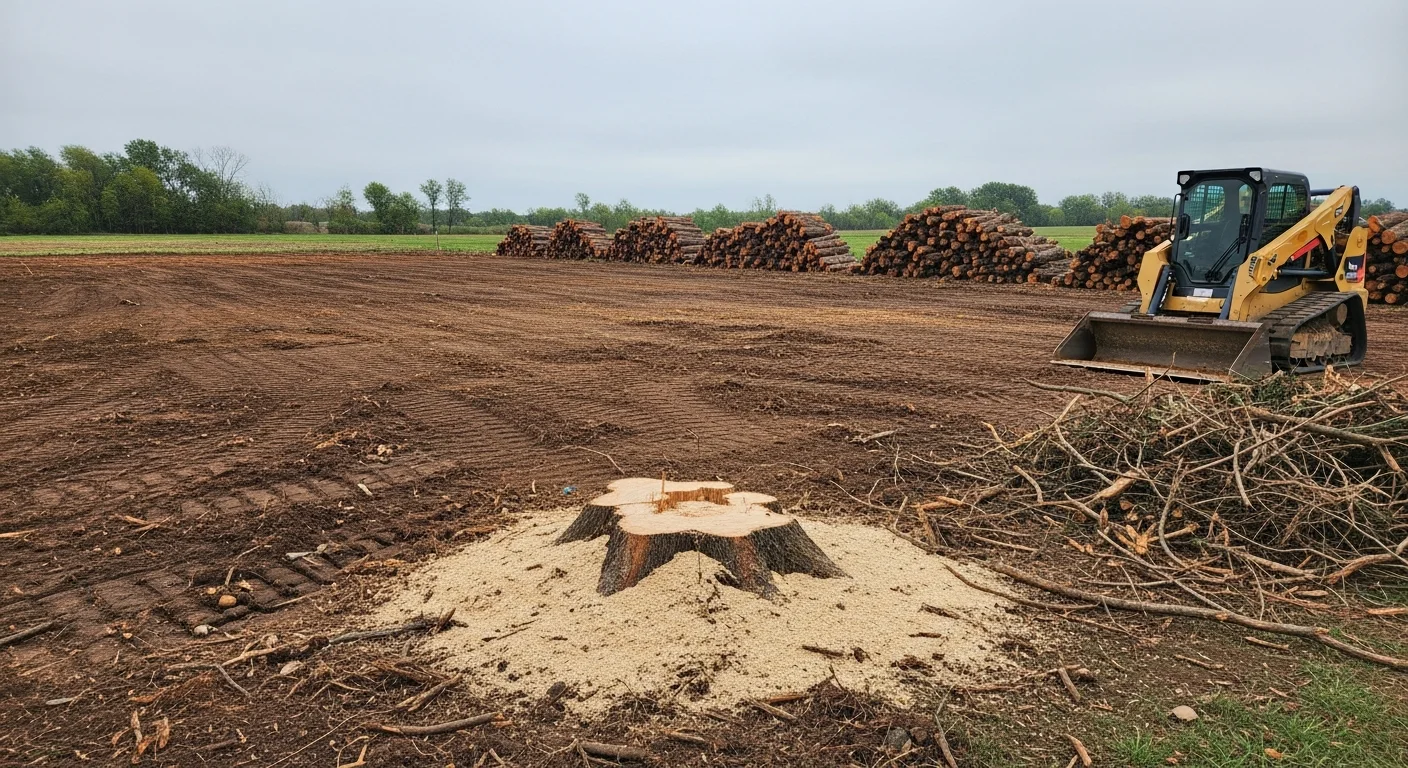 A cleared residential lot in Omaha, Nebraska with trees, stumps, and brush fully removed, leaving bare ground ready for grading or landscaping. Heavy equipment tracks are visible near the lot edge where dense vegetation was cut back to the property line.