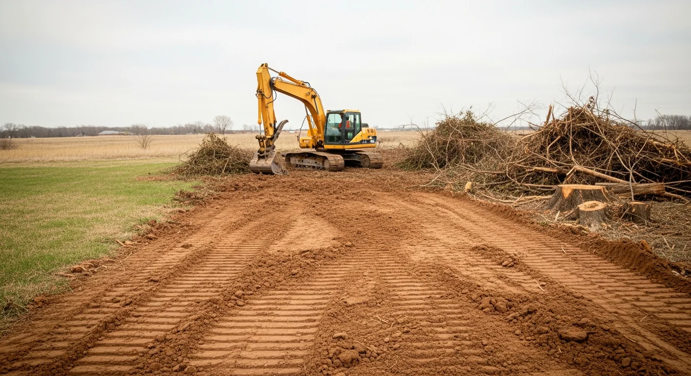 A cleared and rough-graded residential lot in Omaha, Nebraska with vegetation and stumps removed, showing exposed soil shaped for drainage. Heavy equipment tracks are visible across the leveled ground, with surrounding trees marking the property boundary.