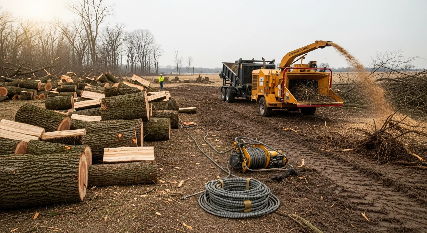 A land clearing crew operating heavy equipment to remove a large fallen tree and scattered limb debris from a residential property in Omaha, Nebraska after a severe storm. The cleared ground shows the full extent of storm damage with root ball material staged for haul-off.